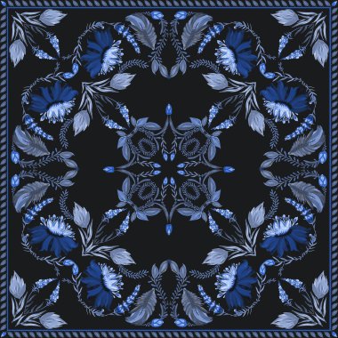 Şal, halı ve eşarp için mavi çiçek deseni. Fantezi çiçekleri, siyah arka planda yapraklar.