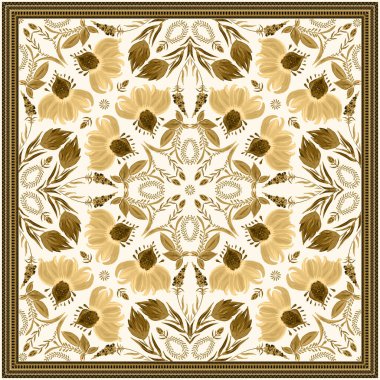 Golden floral pattern for shawl, carpet, scarf. Fantasy flowers, leaves on a beige background