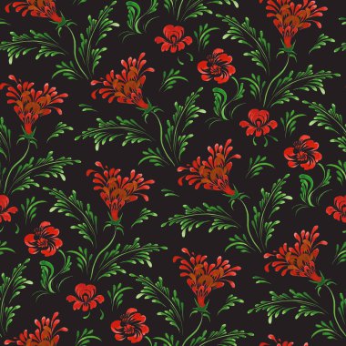 Elle boyanmış kırmızı çayır çiçeklerinden siyah bir arka planda çiçek desenleri.