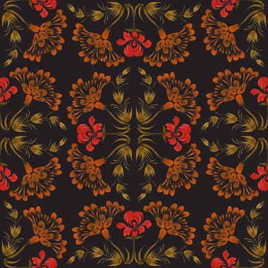 Siyah arka planda elle boyanmış kırmızı çiçeklerin dikdörtgen deseni.