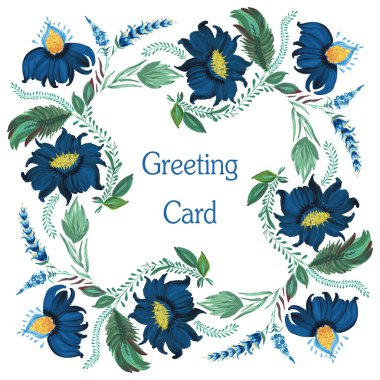 Davetiye için vektör deseni, tebrik kartı, eşarp. Fantezi çiçekleri, beyaz arka planda yapraklar.