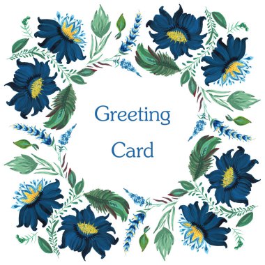 Davetiye için vektör deseni, tebrik kartı, eşarp. Fantezi çiçekleri, beyaz arka planda yapraklar.