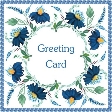 Davetiye için vektör deseni, tebrik kartı, eşarp. Fantezi çiçekleri, beyaz arka planda yapraklar.