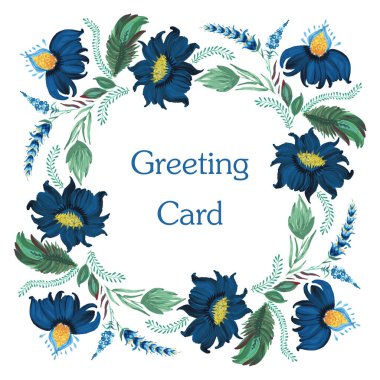 Davetiye için vektör deseni, tebrik kartı, eşarp. Fantezi çiçekleri, beyaz arka planda yapraklar.