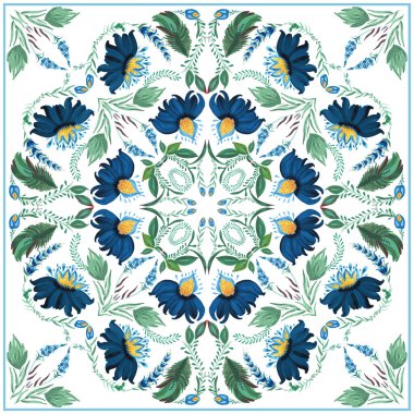 Şal, halı ve eşarp için vektör deseni. Fantezi çiçekleri, beyaz arka planda yapraklar.