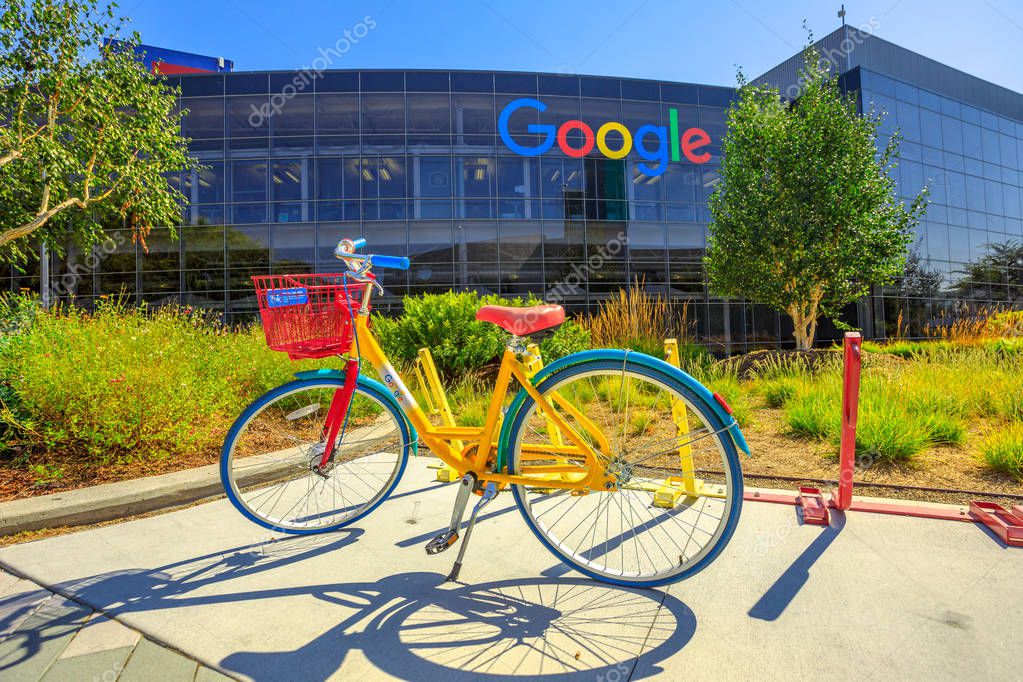 Mountain View, CA, United States - August 13, 2018: colorful bike for Google employees to move in Googleplex Headquarters. Google is an American technology company that specializes in Internet services