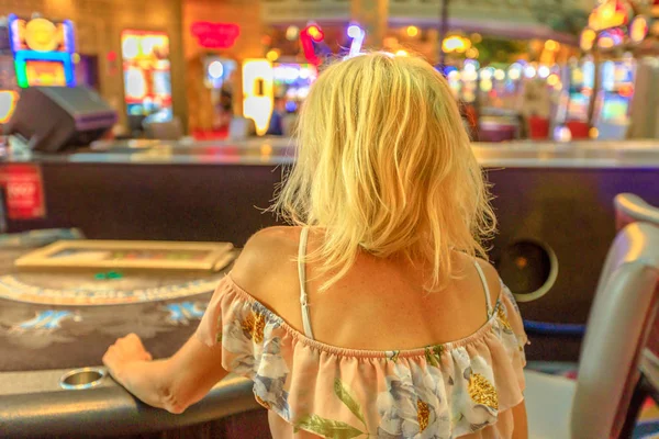 Caucasian Blonde Woman Gambling Casino Sitting Blackjack Table Gambler Addict — Stock Photo, Image