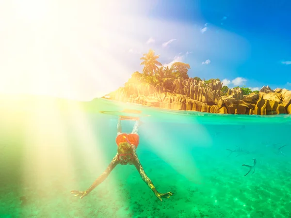 Snorkeling Seszele widok podzielony — Zdjęcie stockowe