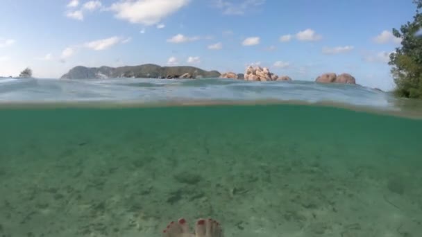 Woman feet snorkeling split view — ストック動画