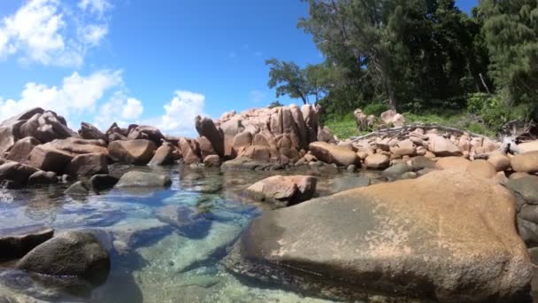 Vrouw in bikini liggend in natuurlijk zwembad — Stockvideo