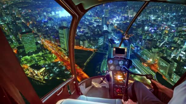 Helikopter op Yokohama skyline schemering — Stockvideo