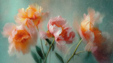 Şeftali, pembe ve sarı tonlarında canlı çiçekler yavaşça sallanıyor, yumuşak bir odak noktasında sessiz bir arkaplana yakalanıyor. Narin taç yaprakları sakinlik ve güzellik saçıyor..