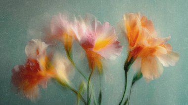 Yumuşak Bulanık Y2K Çiçek Vintage Geçmişi. Yumuşak odaklı renkli çiçekler ve yumuşak renkler sakin ve rüya gibi bir atmosfer yaratıyor.