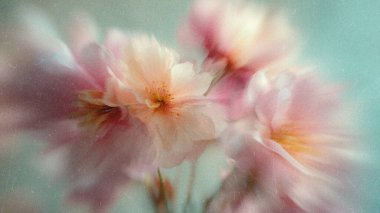 Şeftali, pembe ve sarı tonlarında canlı çiçekler yavaşça sallanıyor, yumuşak bir odak noktasında sessiz bir arkaplana yakalanıyor. Narin taç yaprakları sakinlik ve güzellik saçıyor..