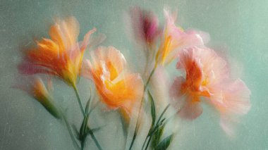 Şeftali, pembe ve sarı tonlarında canlı çiçekler yavaşça sallanıyor, yumuşak bir odak noktasında sessiz bir arkaplana yakalanıyor. Narin taç yaprakları sakinlik ve güzellik saçıyor..