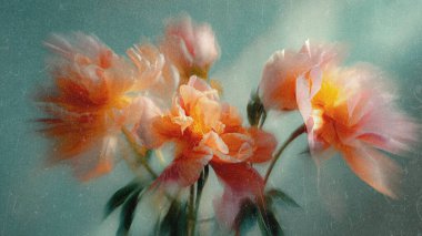 Şeftali, pembe ve sarı tonlarında canlı çiçekler yavaşça sallanıyor, yumuşak bir odak noktasında sessiz bir arkaplana yakalanıyor. Narin taç yaprakları sakinlik ve güzellik saçıyor..