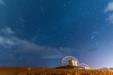 Wadi Rum, Ürdün'de bir çöl kampında Mars kubbesi ile yıldızlı gece