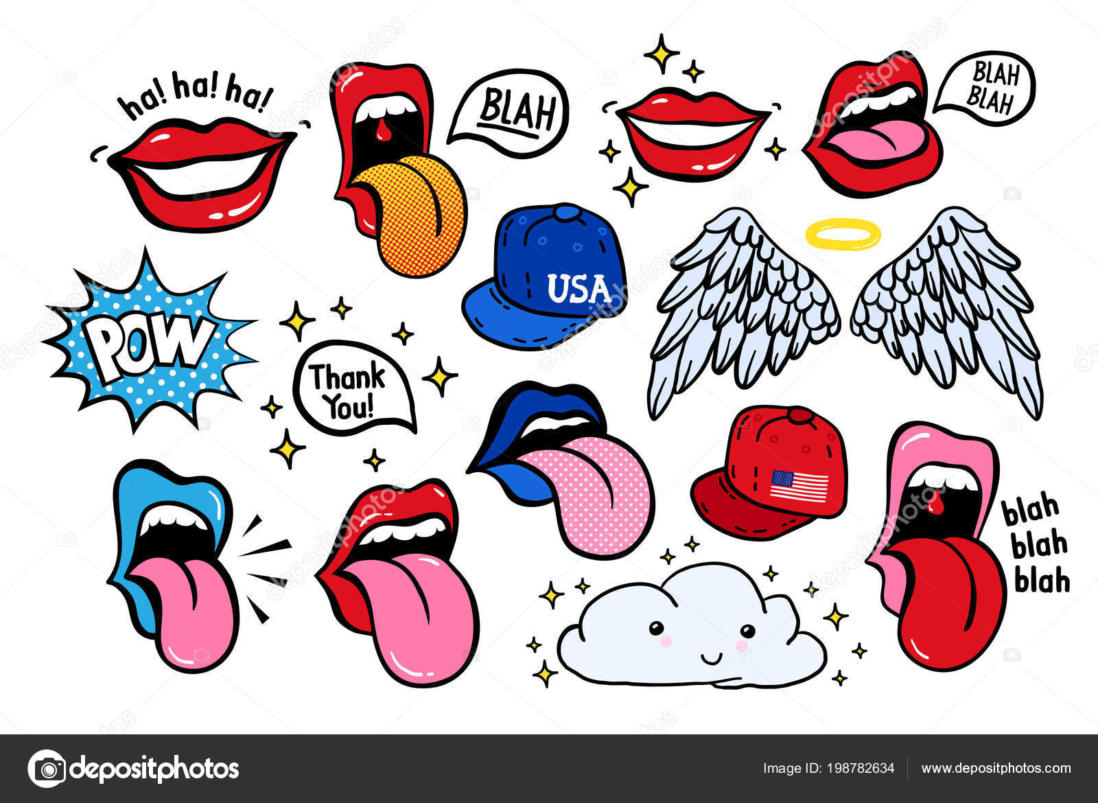 Vector Set of Cute Funny Patches and Stickers in 90s Style.Modern