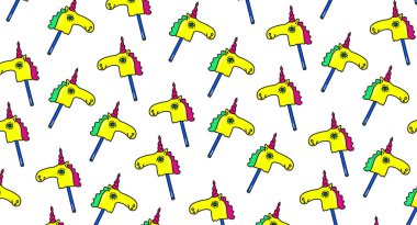 Tek boynuzlu atlara fantazi vektör desen. At üstünde bir sopa Trendy Moda arka planda karikatür 80s 90s çizgi roman tarzı gençlik giyim tekstil kumaş için