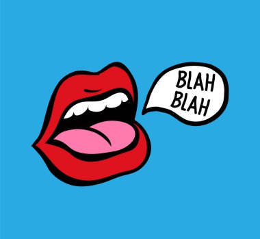Pop art vektör kırmızı dudaklar konuşma. Seksi kadın s yarı-açık ağız, dil, konuşma yapışmasını yalama. Renkli kare izole