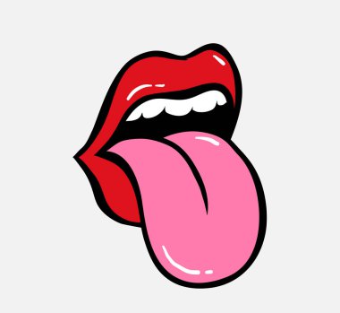 Pop art vektör kırmızı dudaklar konuşma. Seksi kadın s yarı-açık ağız, dil, konuşma yapışmasını yalama. Renkli kare izole