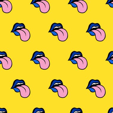 Komik şirin gençlik dudaklar seamless modeli. Teen renkli vektör çıkartmalar, 70 s 80 s, 90 s rock müzik, pop sanat tarzı yamalar. Laptop için Teenage ergen elbise kot ceket. Sarı mavi pembe