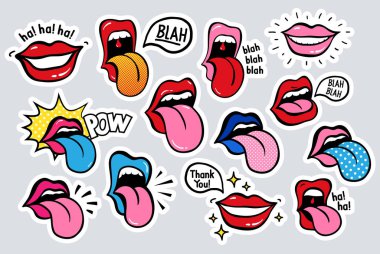 New youth Lips with tongue stickers, patches in 70s 80s, 90s rock, pop art style. Perfectly suitable on a laptop, jeans jacket, other clothes. Women color vector collection clipart