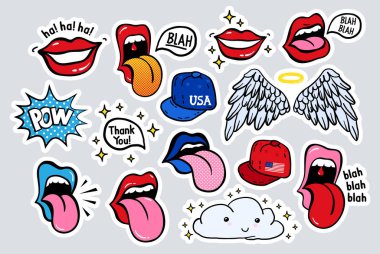 New youth stickers, patches in 70s 80s, 90s rock, pop art style. Perfectly suitable on a laptop, jeans jacket, other teenage adolescent clothes. Teen color vector set clipart