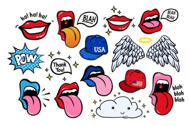 New youth stickers, patches in 70s 80s, 90s rock, pop art style. Perfectly suitable on a laptop, jeans jacket, other teenage adolescent clothes. Teen color vector set clipart