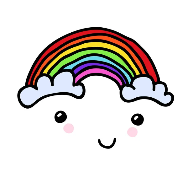 Vector Hand-painted smiling rainbow with clouds. Hand-drawn youth childly doodle patch, comics sticker. Perfectly suitable on a laptop, jeans jacket, other clothes