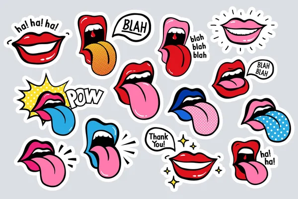 Νέων Χείλη Γλώσσα Αυτοκόλλητα Μπαλώματα Στο 70S 80S 90S Rock — Διανυσματικό Αρχείο