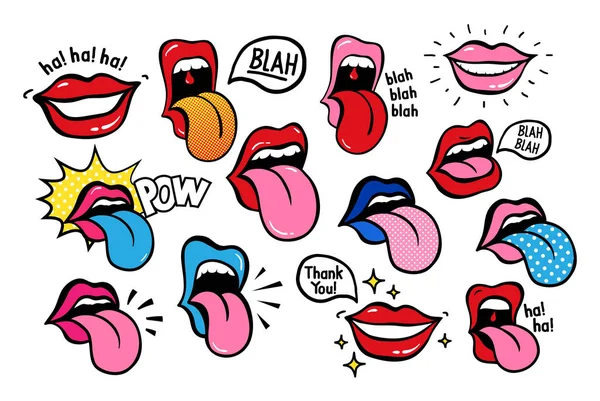 Nieuwe Jeugd Lippen Met Tong Stickers Patches 70S 80S Jaren — Stockvector