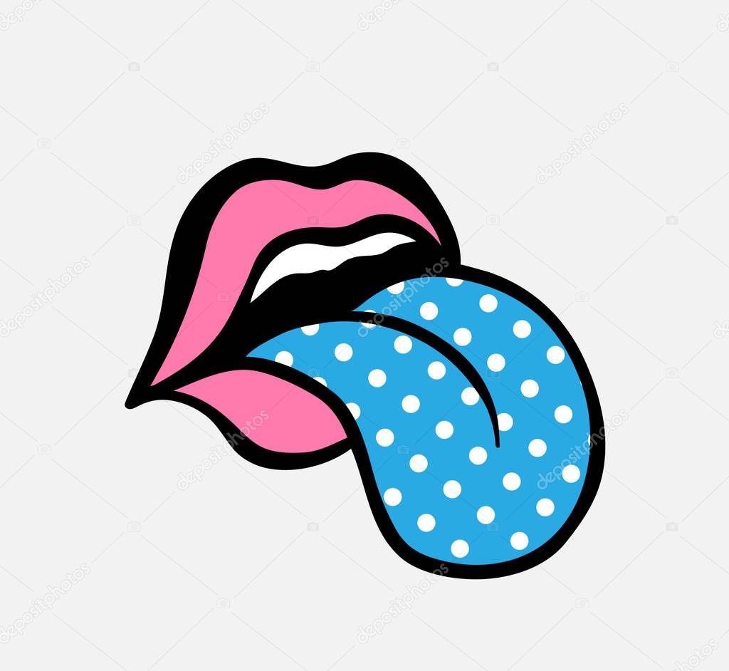 Pop art vector speaking red lips. Sexy woman Half-open mouth, licking, tongue sticking out, conversation. Isolated on color square