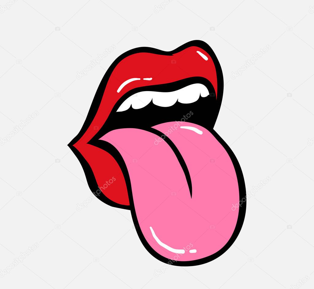 Pop art vector speaking red lips. Sexy woman s Half-open mouth, licking, tongue sticking out, conversation. Isolated on color square