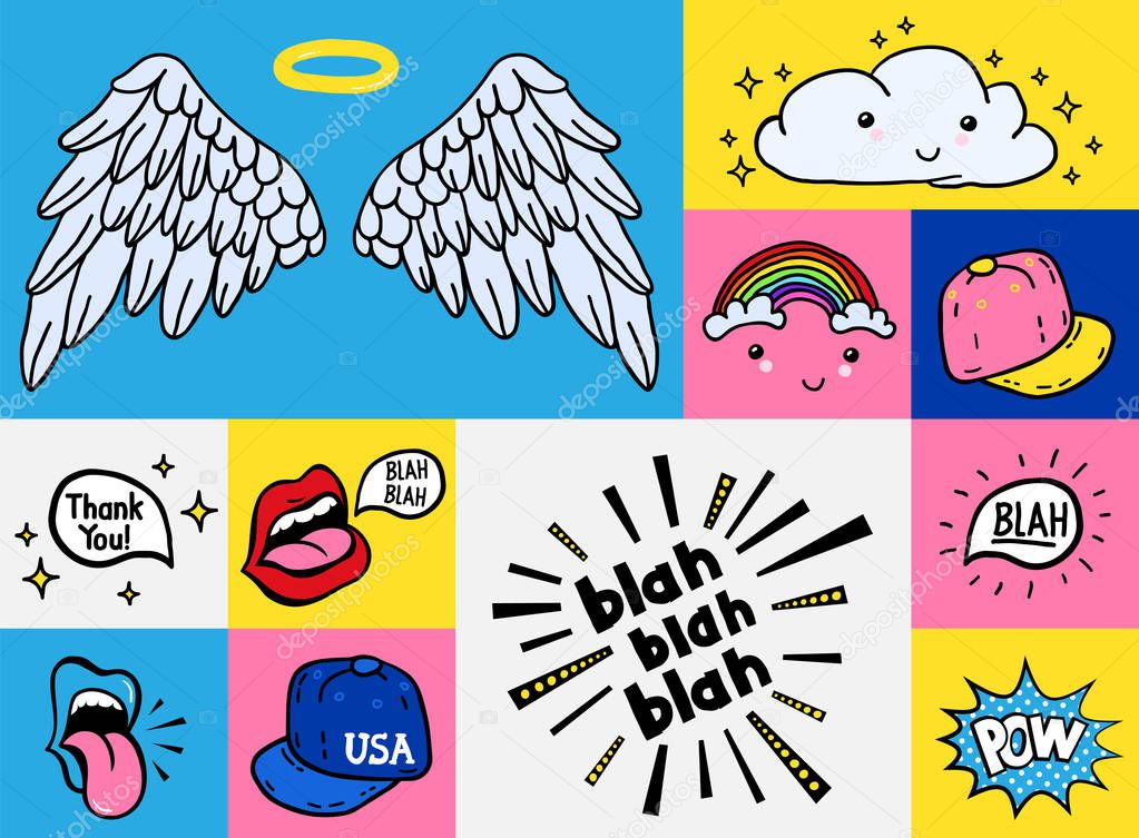 Comic youth stickers, patches in 70 s 80 s, 90 s rock, pop art style. Speech bubbles, different emotions, text. Suitable on laptop, jeans jacket, teenage adolescent clothes. Teen colorful vector set