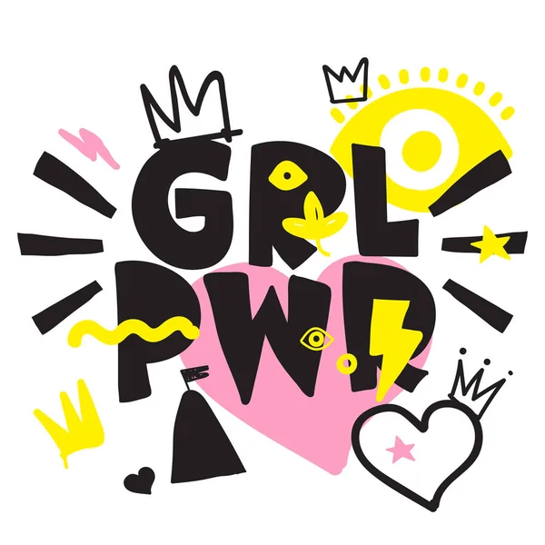 Grl Pwr kort citaat. Girl Power schattig hand tekenen van illustratie — Stockvector