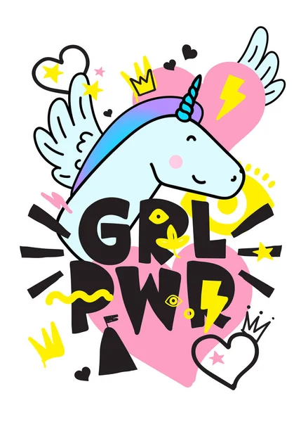 GRL PWR citation courte. Girl Power illustration de dessin à la main mignon — Image vectorielle