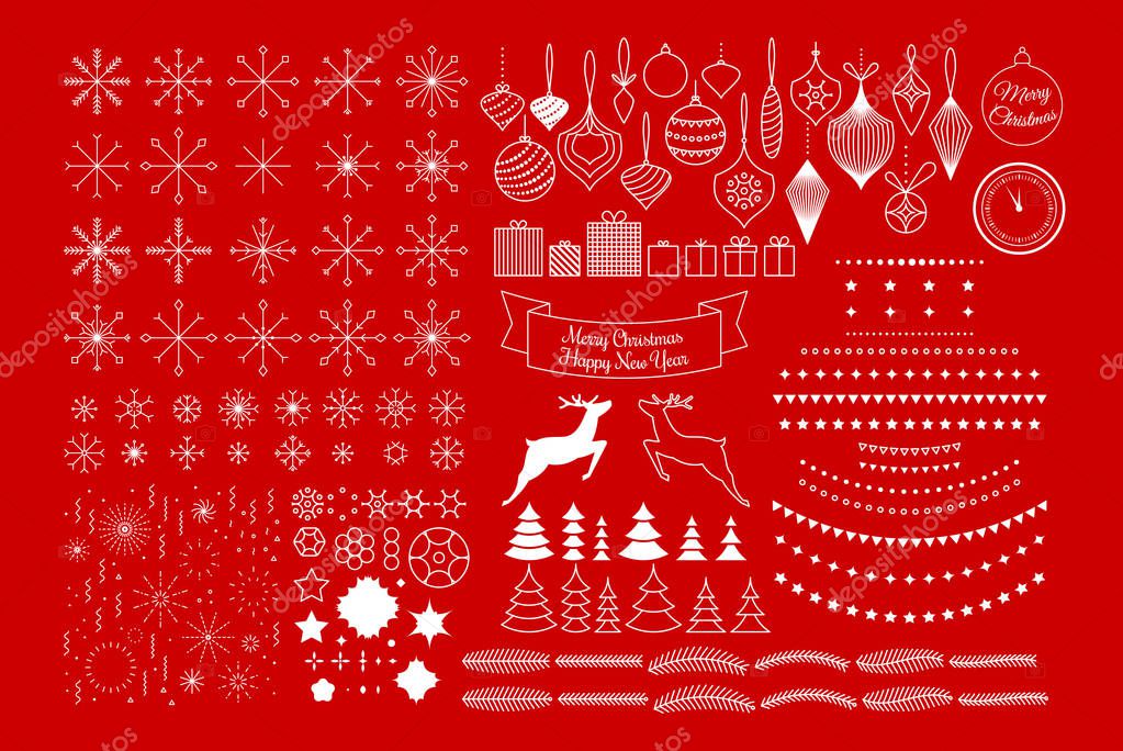 Vector universal mega collection of Christmas vector patterns shapes ornaments design elements for winter holiday design. Linear ornate flat elements, editable strokes. Merry Christmas Happy New year