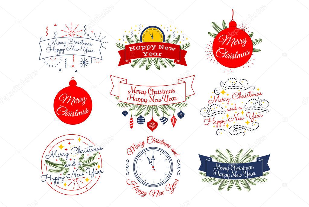 Merry Christmas. Happy New Year. Typographic badges collection. Vector editable linear logo, emblems, phrase design. For banners greeting cards gifts ad poster. Colorful Red Blue White Green