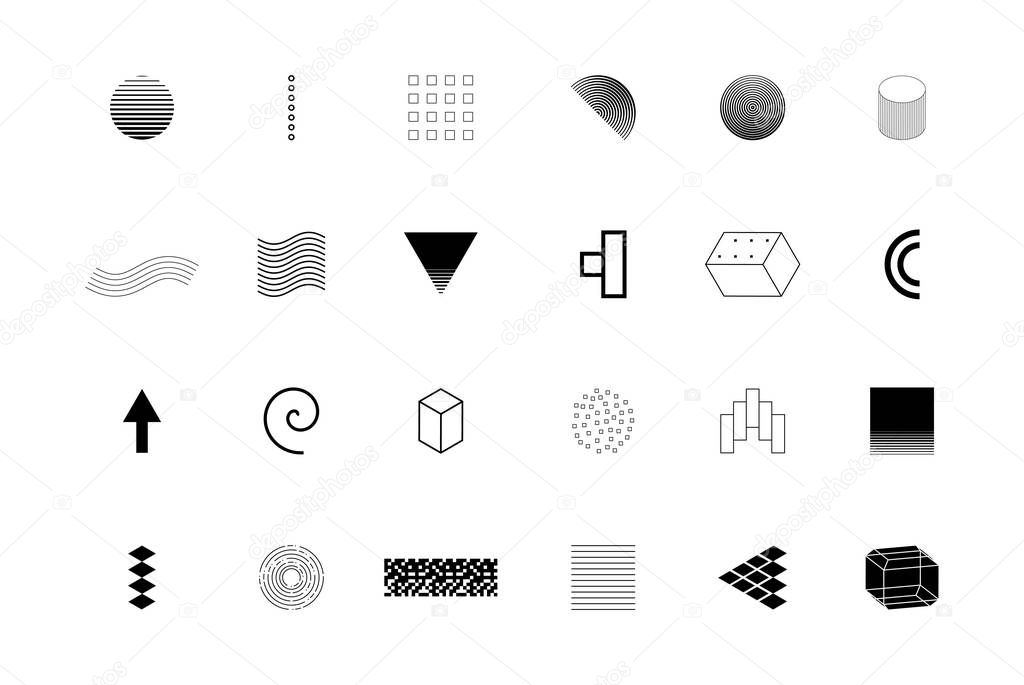 Universal trend halftone geometric shapes set juxtaposed with bright bold elements. Design elements for Logo, Magazine, leaflet, billboard, sale
