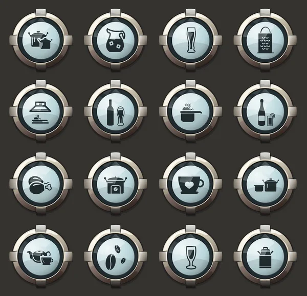 Lebensmittel Und Küchenvektorsymbole Den Stylischen Runden Tasten Für Mobile Anwendungen — Stockvektor