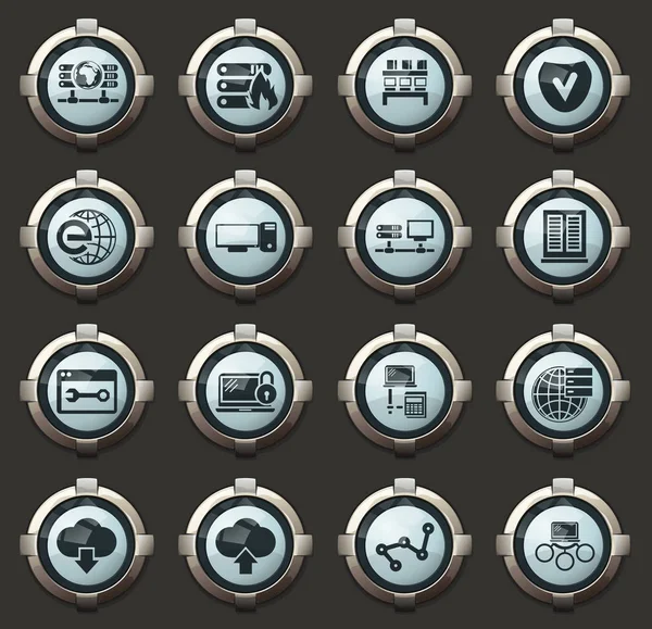 Векторные Иконки Сервера Стильных Круглых Кнопках Мобильных Приложений Веб — стоковый вектор