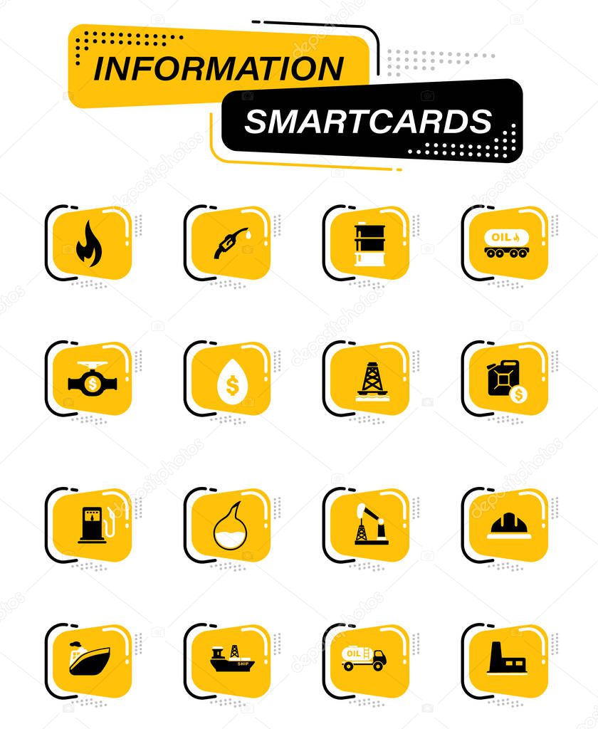 Oil refining industry color vector icons on information smart cards for user interface design