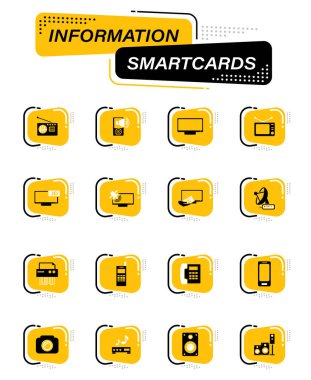 Kullanıcı arayüzü tasarımı için akıllı bilgi kartları üzerindeki ev gereçleri renk vektör simgeleri