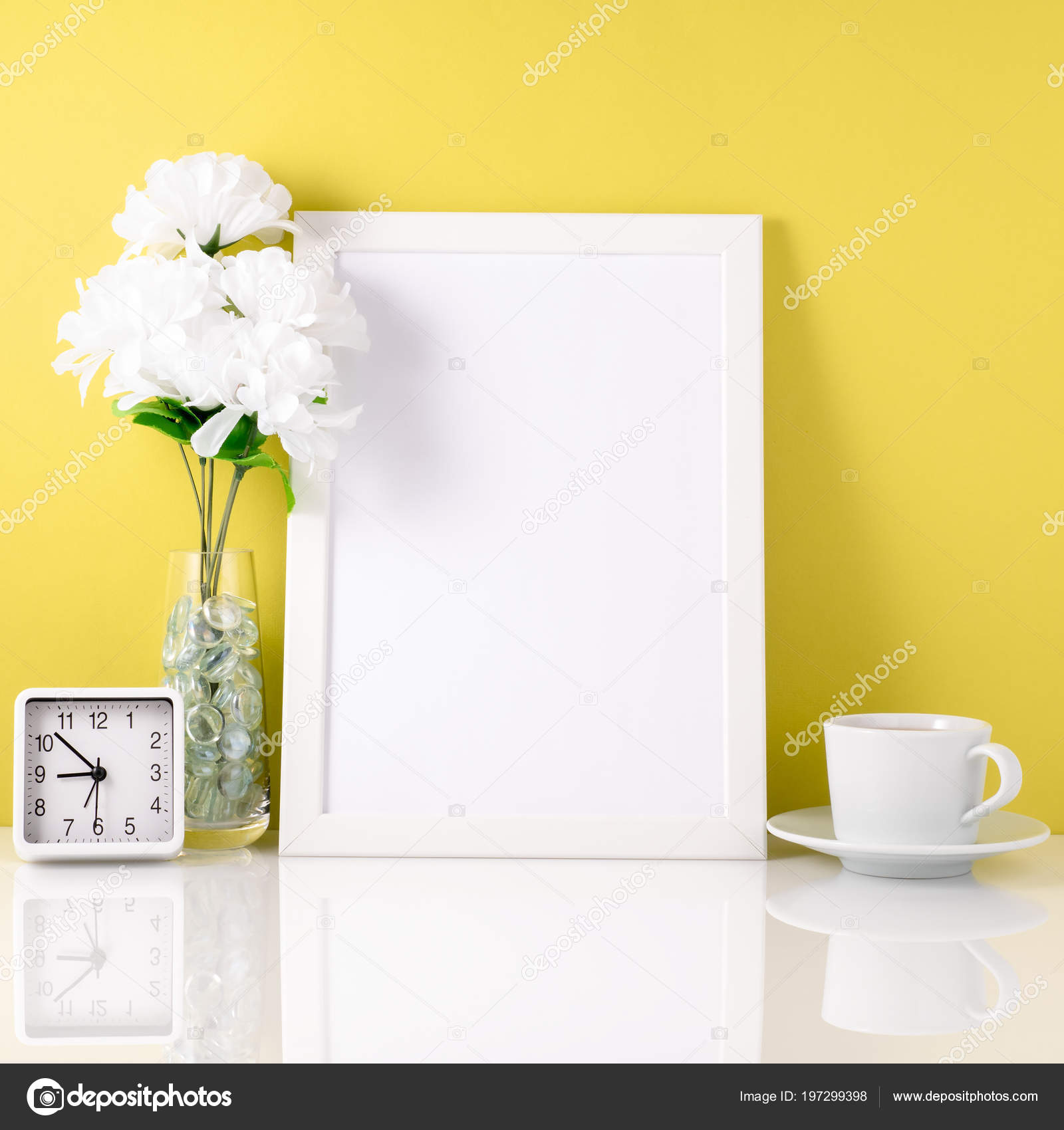 White Frame Flower Vase Cup Tea Coffee Clock Table Stock White Frame Flower Vase Cup Tea Coffee Clock Table Stock Photo