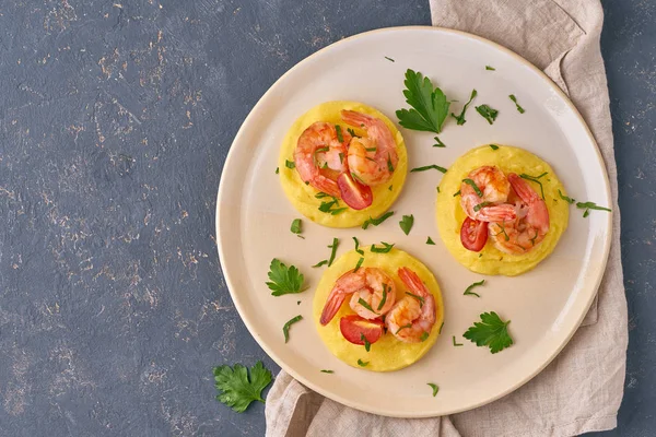 Shrimp & Polenta - fodmap dash diet gluten free dish, top view closeup, copy space