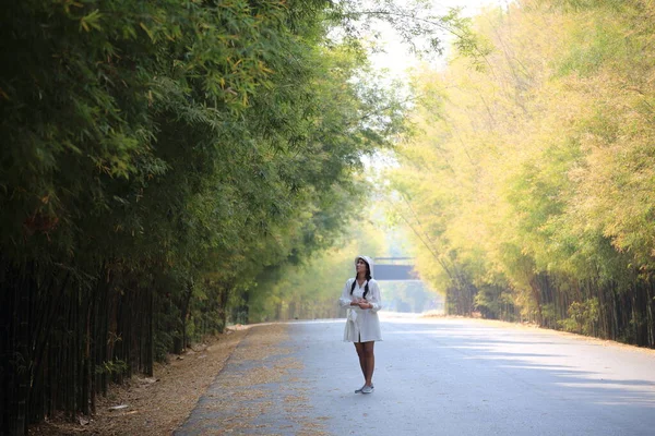 Mulher Andando Uma Estrada Com Bosques Bambu Lado Estrada — Fotografia de Stock