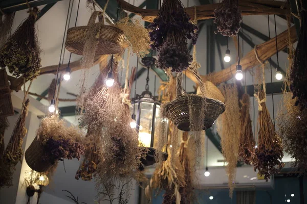 Dried flowers hanging on the ceiling