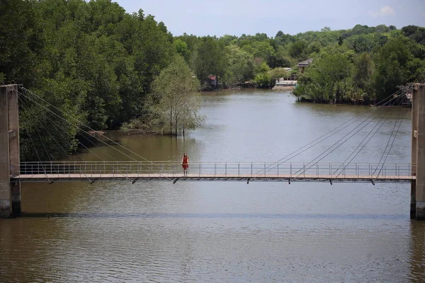 Una Mujer Parada Una Pasarela Madera Puente Rak Samae Rayong —  Fotos de Stock