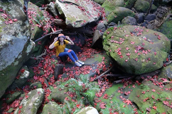 Woman sitting on the ground covered with fallen red maple leaves at Phu Kradueng National Park, Loei, Thailand